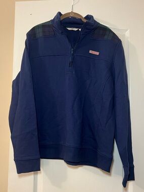 Vineyard Vines The Shep Shirt Navy Quarter-Zip Pullover with Tartan Shoulder NWT